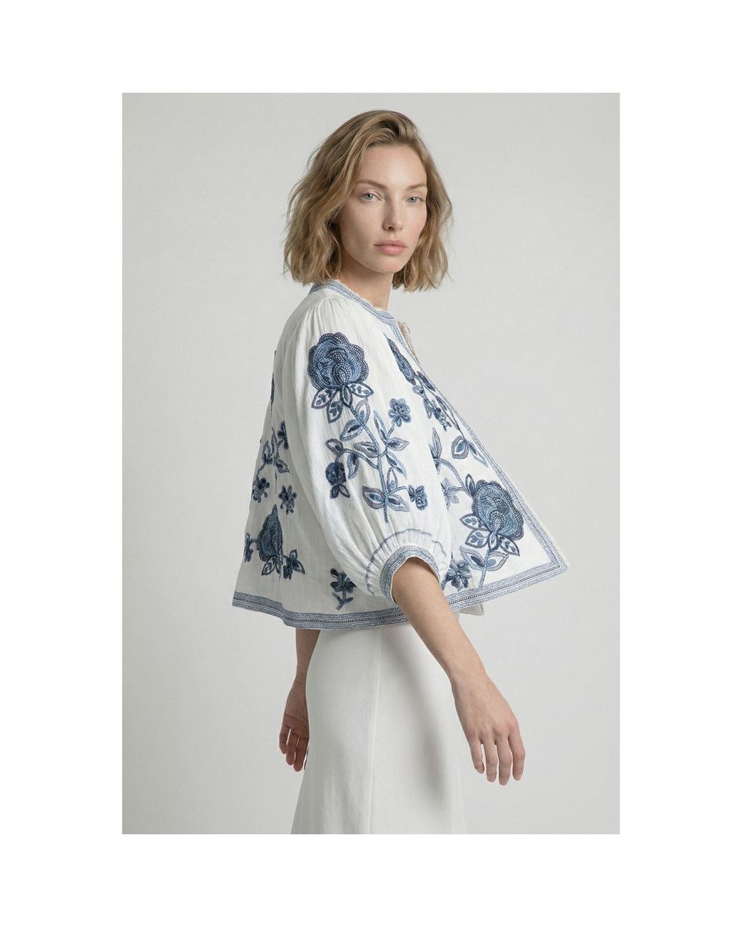 Modenaire Blue Floral Embroidered Cropped Jacket With Clean Front