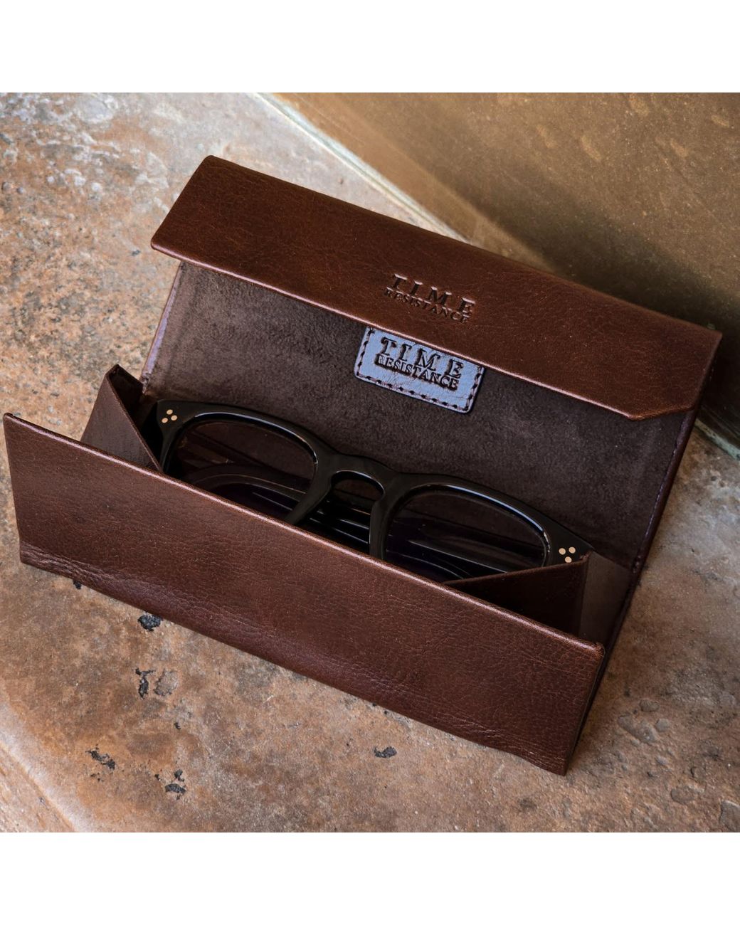Time Resistance Brown Foldable Leather Glasses Case For