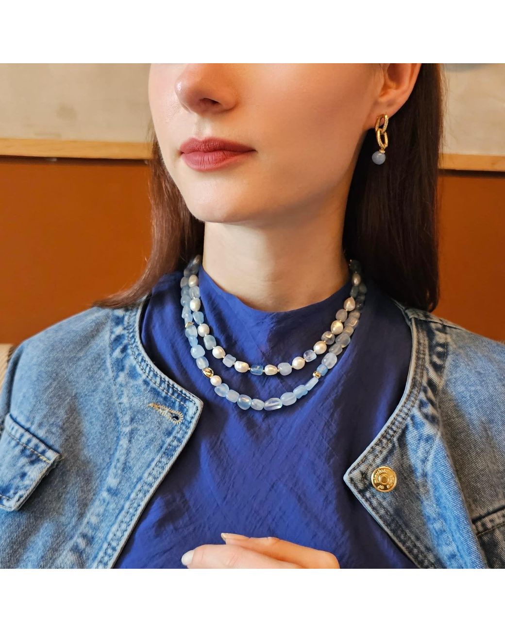 Farra Blue Free Style Irregular Freshwater Pearls With Aquamarine Short Necklace