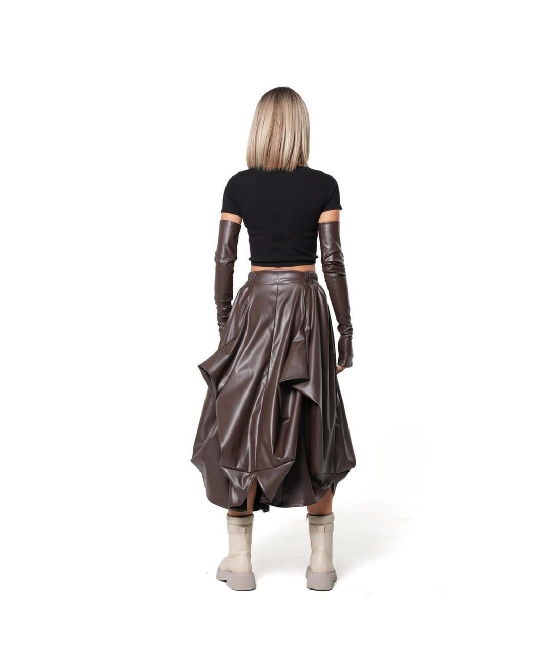 Metamorph Brown Vegan Leather Midi Skirt With Sculptural Folds