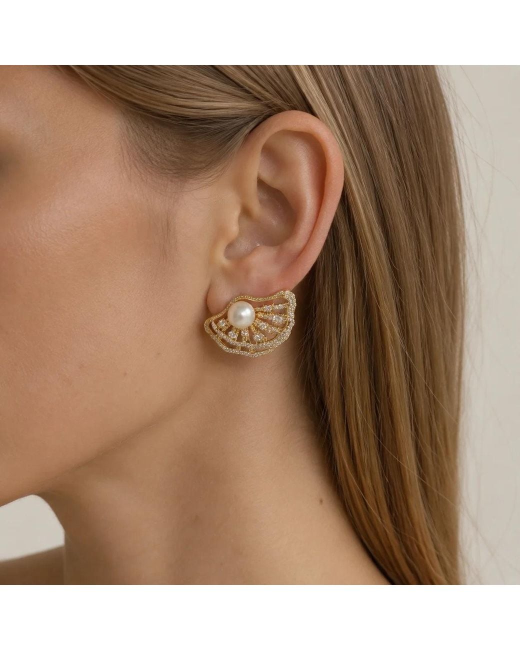 Angel Barocco Metallic Freshwater Pearl Ginkgo Leaf Stud Earrings