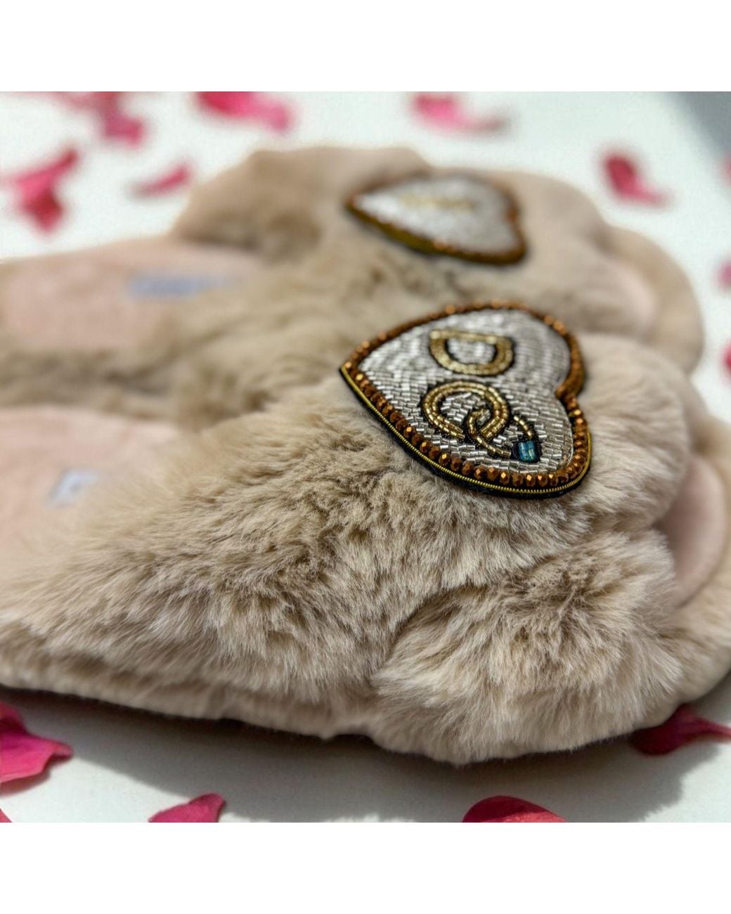 Yomisma Gray Neutrals Eco Faux Fur Slippers – Recycled Faux Fur + I Do Wedding Removable Hand Beaded Brooches