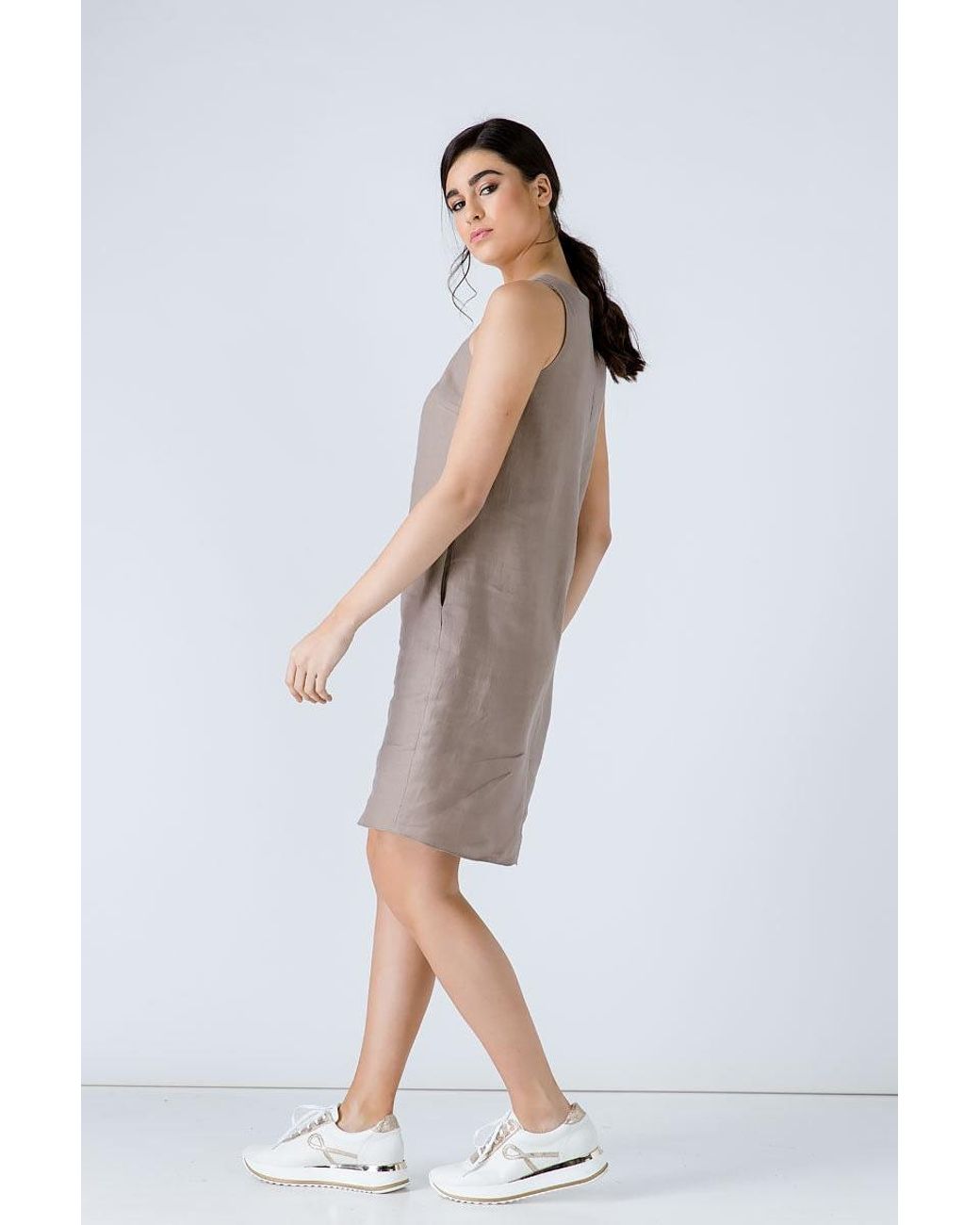 Conquista Natural Taupe Sleeveless Sack Dress