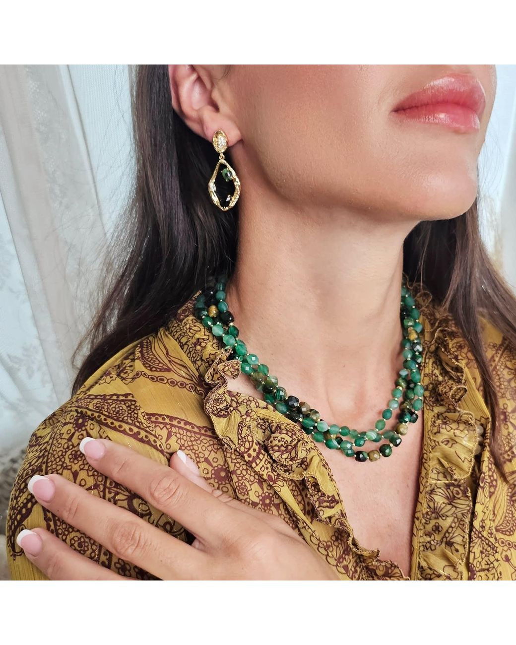 Farra Metallic Elegant Epidote And Agate Drop Earrings