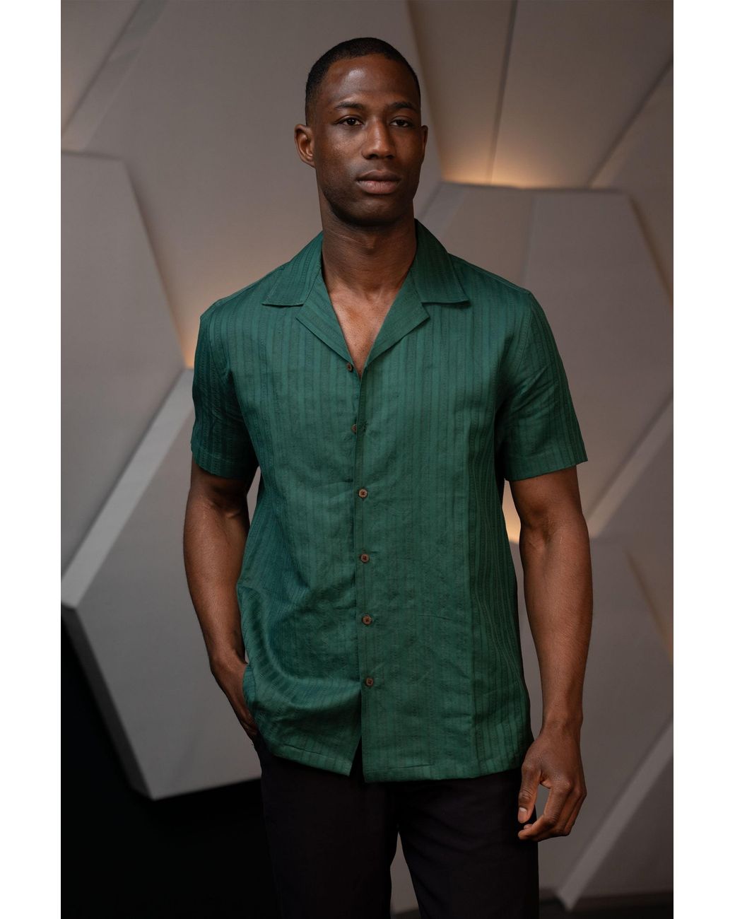 Stovaria Green Handwoven Hemp Camp Collar Shirt for men