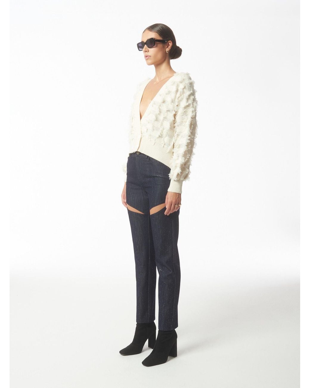 Sour Figs White Fringed Checkerboard Cardigan
