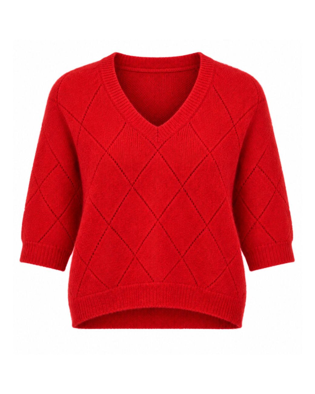 Luella Fashion Red Montrose Short Sleeve V-Neck Diamond Pattern Alpaca Knit Jumper