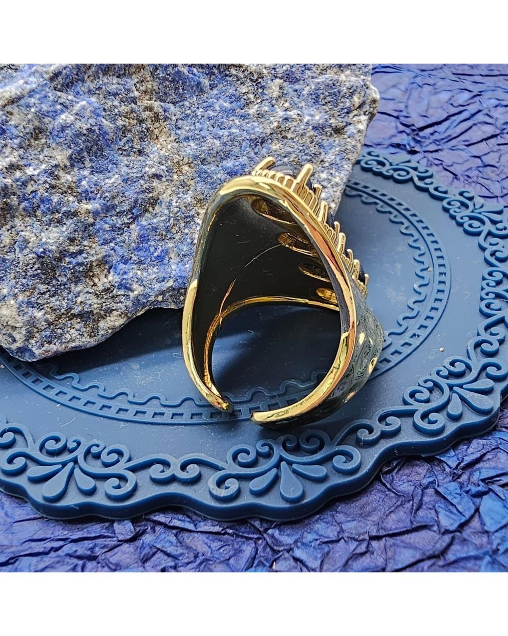 Farra Metallic Vintage Style Lapis Stone Chunky Ring Adjustable