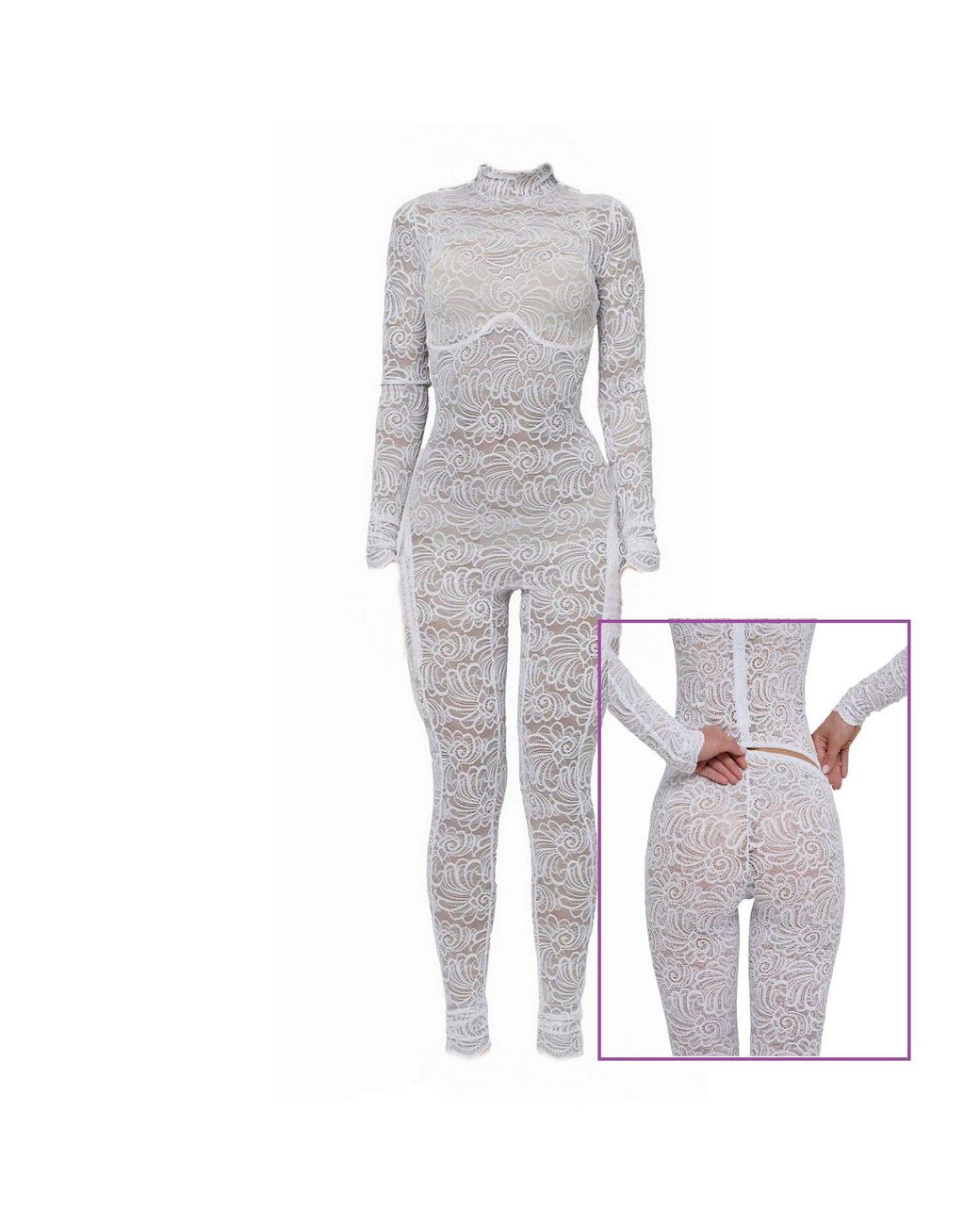 Monosuit Gray Bridal Sheer Floral Lace Turtleneck Catsuit