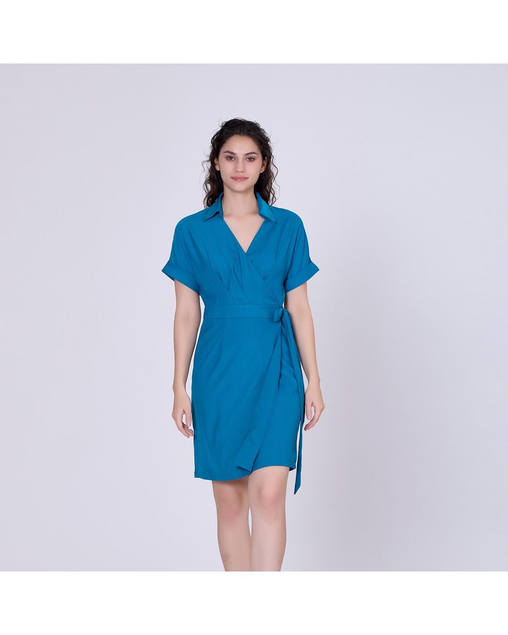 Smart and Joy Blue Wrap Minimalist Dress And Italian Collar
