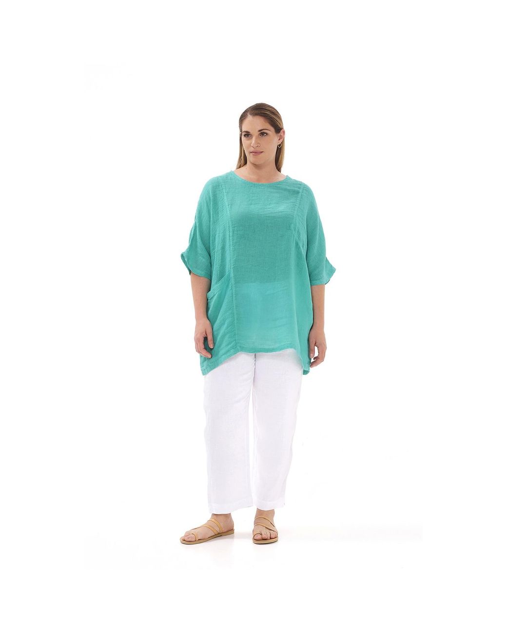 Haris Cotton Blue Front Pocket Curve Linen Gauze Blouse With Batwing Sleeve Ocean Air