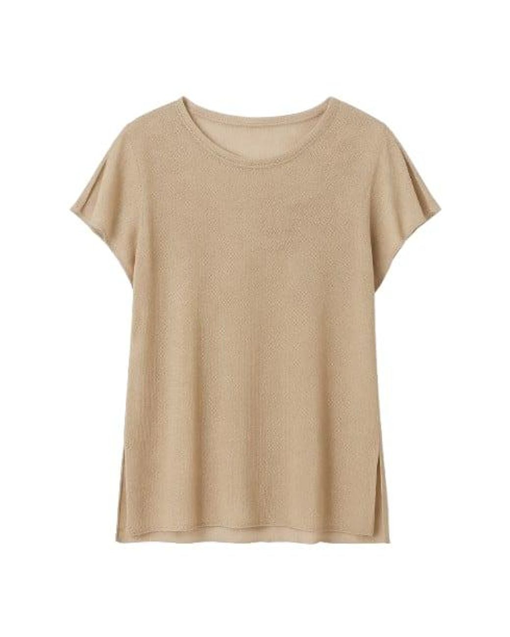 Conquista Natural Short Sleeve Semi Sheer Top With Shoulder Slits