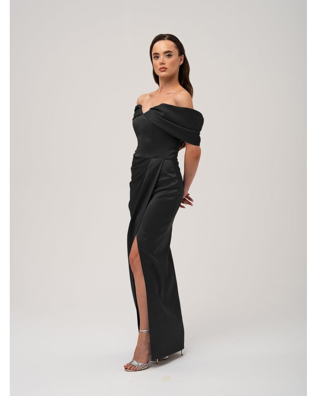 Tia Dorraine Black Heavenly Kissed Draped Satin Maxi Dress