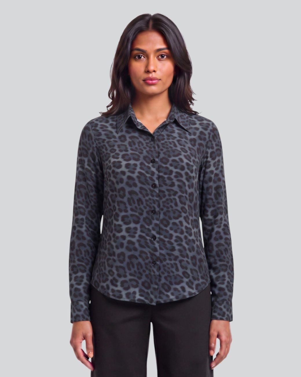Lords of Harlech Blue Sutton Leopard Smoke Stretch Silk Long-Sleeve Shirt