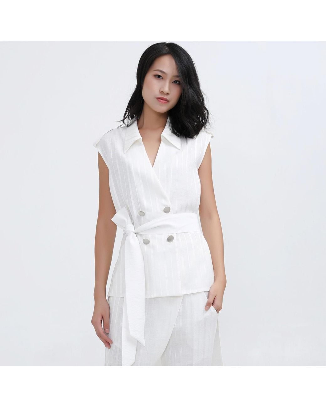Smart and Joy White Long Bi-Material Tailored Waistcoat