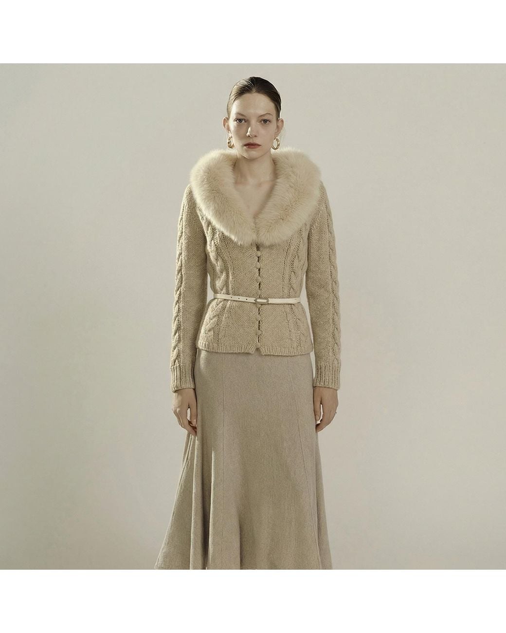 Belsize25 Natural Neutrals Cashmere-Blend Faux Fur Collar Cable-Knit Cardigan