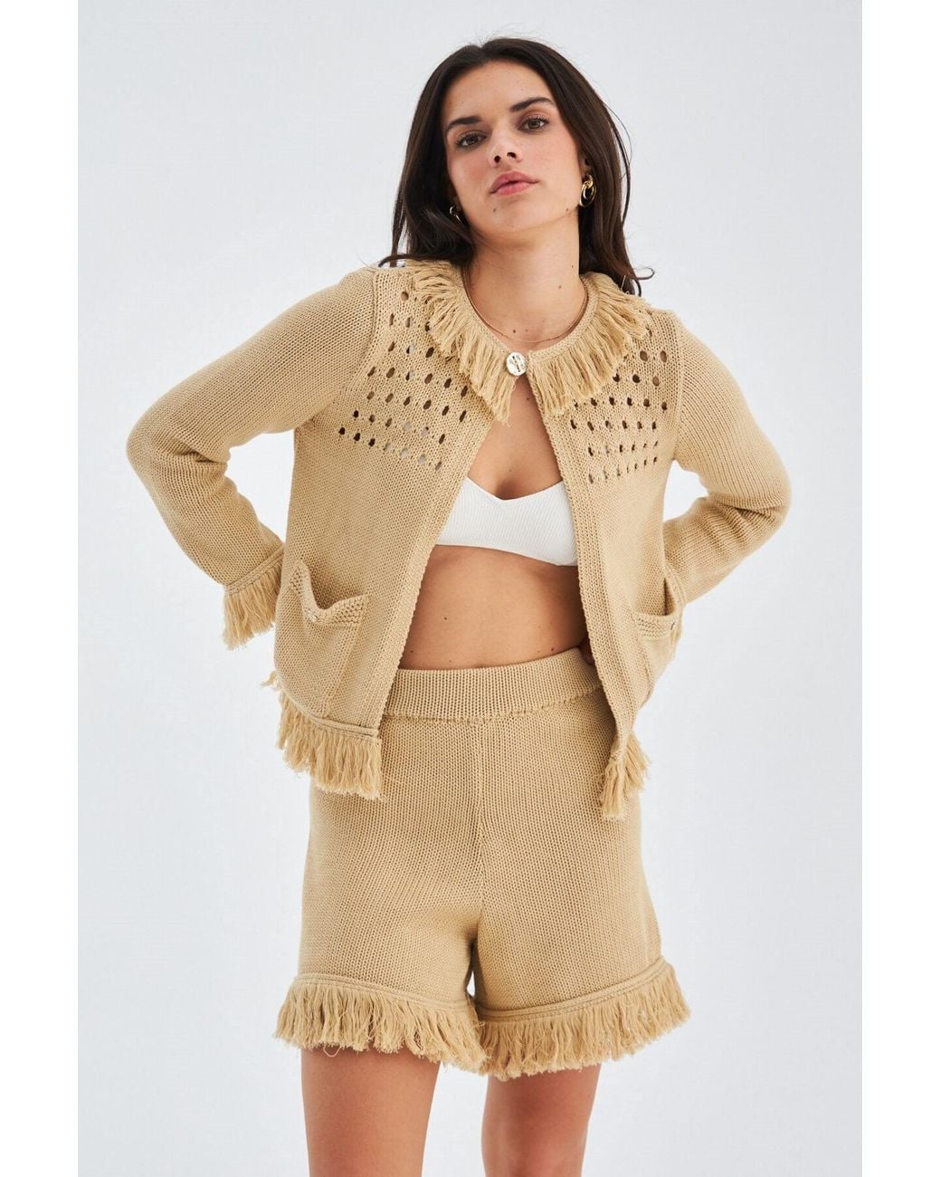 Peraluna Natural Miyoki Knitted Crop Cardigan & Shorts Matching Set