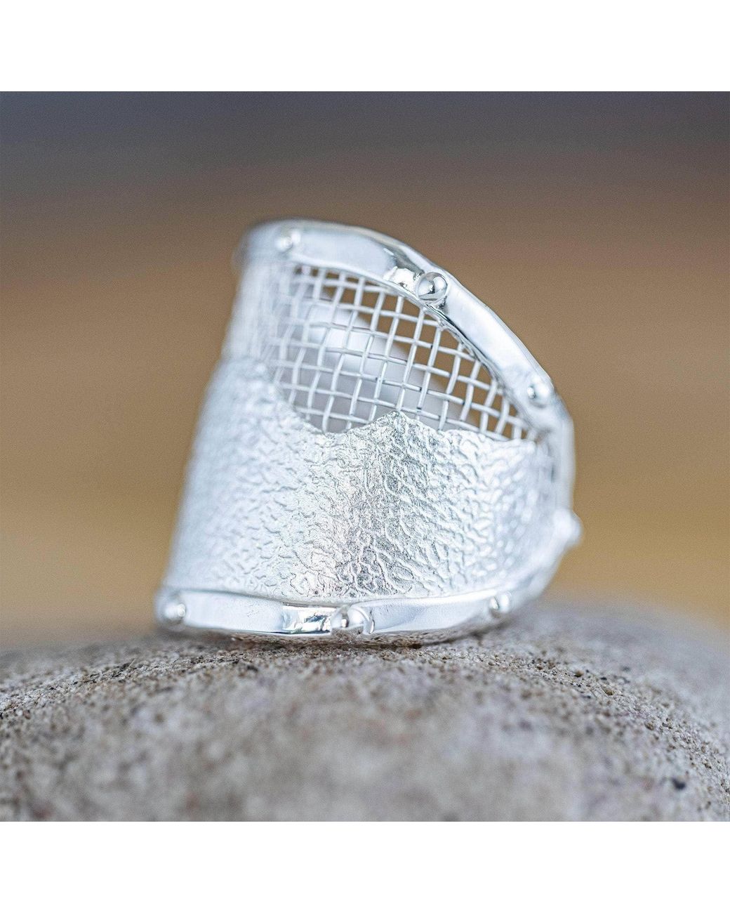 German Kabirski White Pallium Urban Open Band Siliver Ring With Titanium Mesh