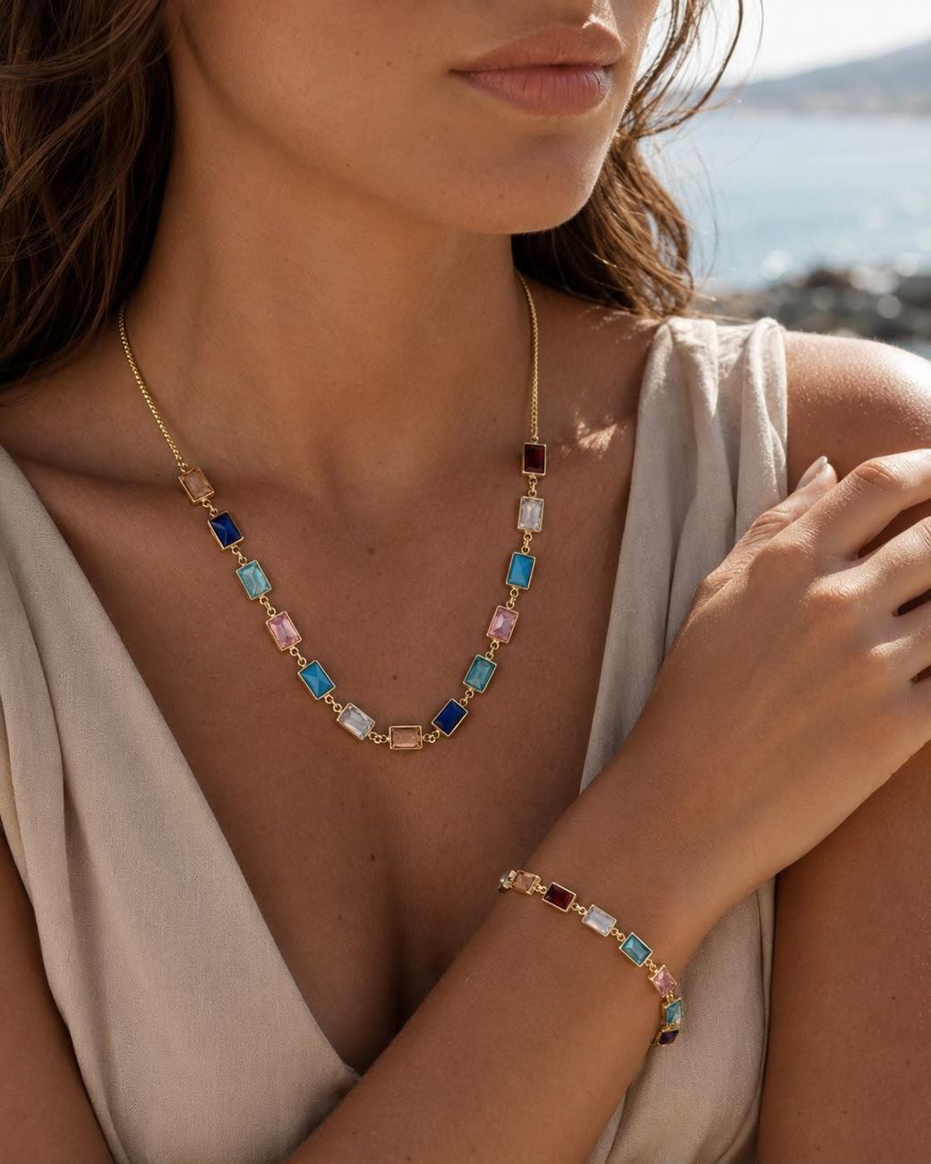 By Ozge Blue Prismatic Harmony Multicolour Glass Plated Bracelet