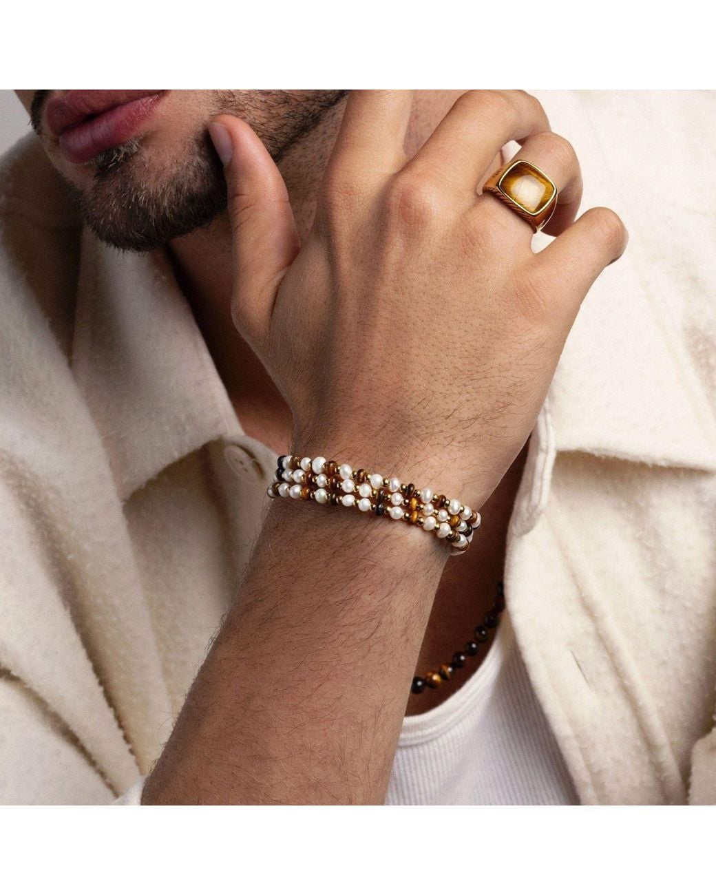 Nialaya Metallic Wrap Bracelet With Pearls, Tiger Eye, And for men