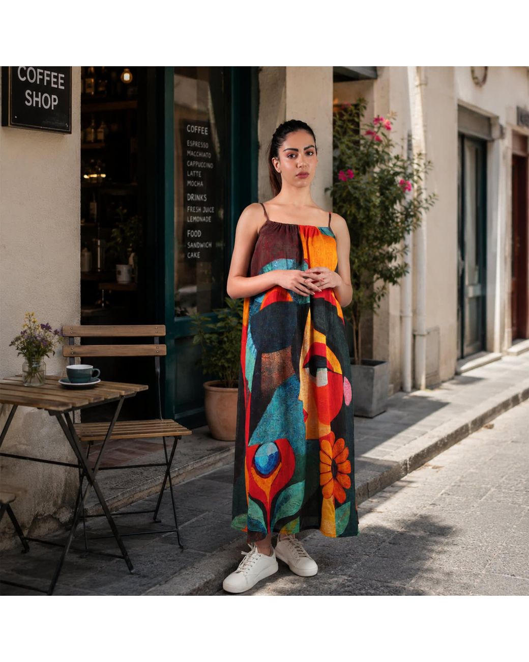 DHARA SHETH DUBAI Red Muse Abstract Art Spaghetti Strap Maxi Dress