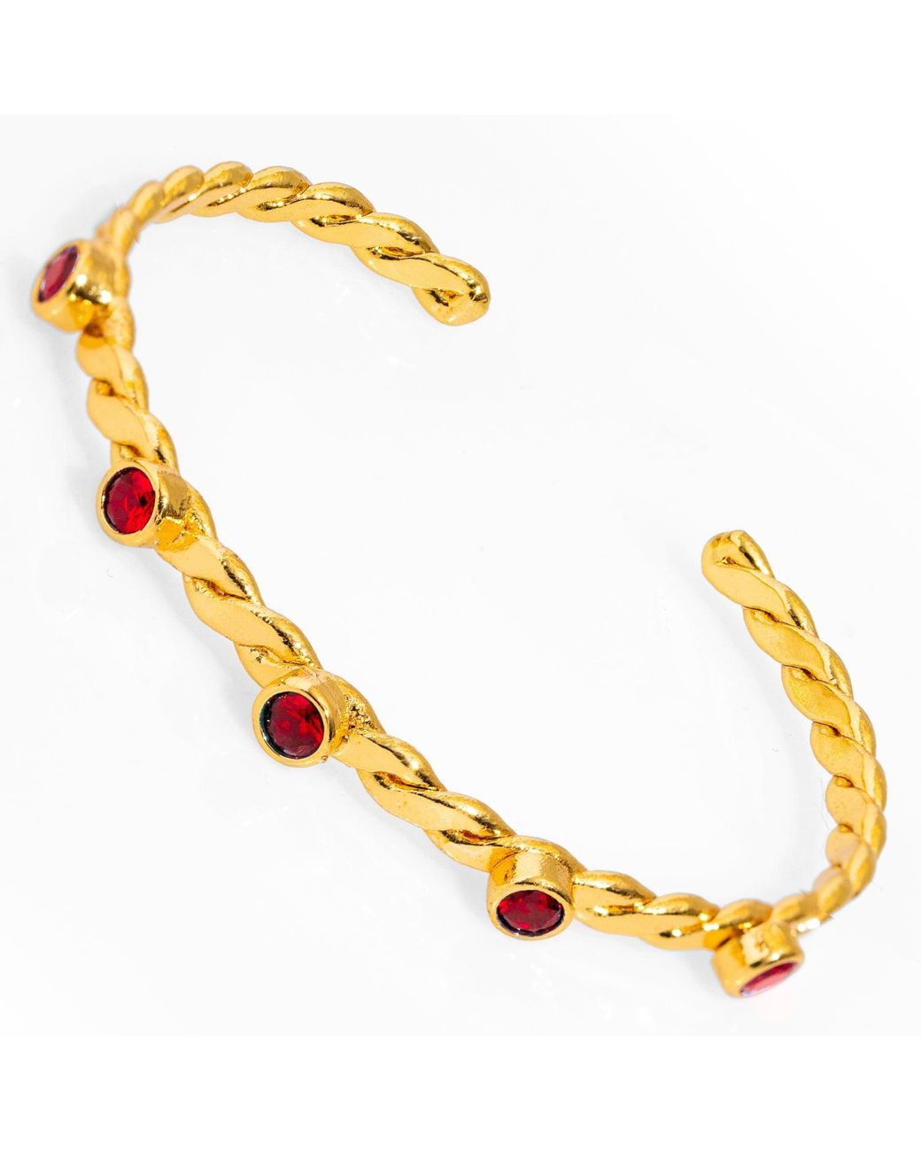 Ebru Jewelry Metallic Ruby-Studded Twisted Gold Cuff Bracelet