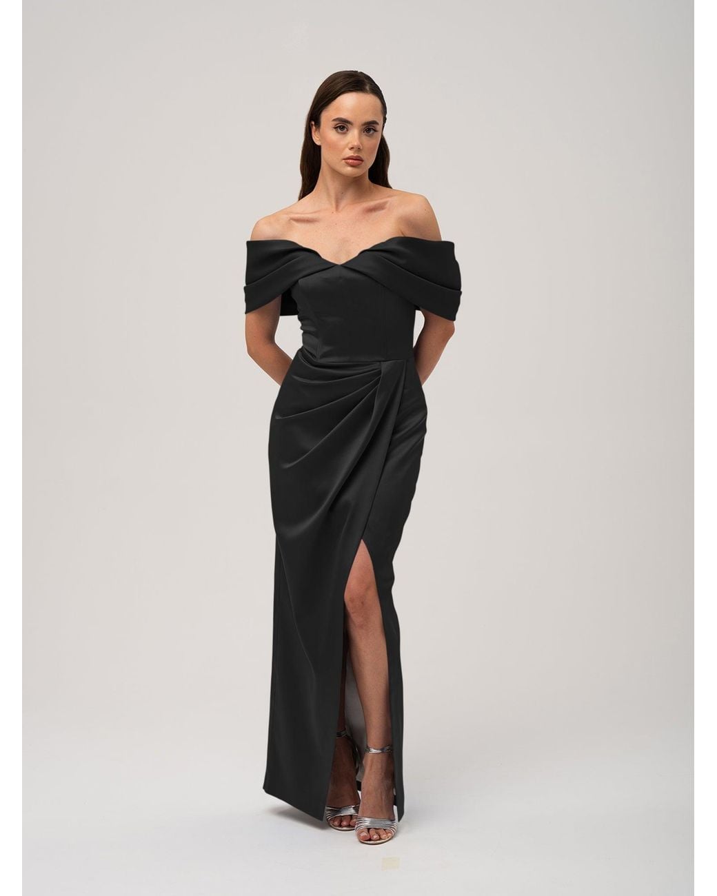 Tia Dorraine Black Heavenly Kissed Draped Satin Maxi Dress