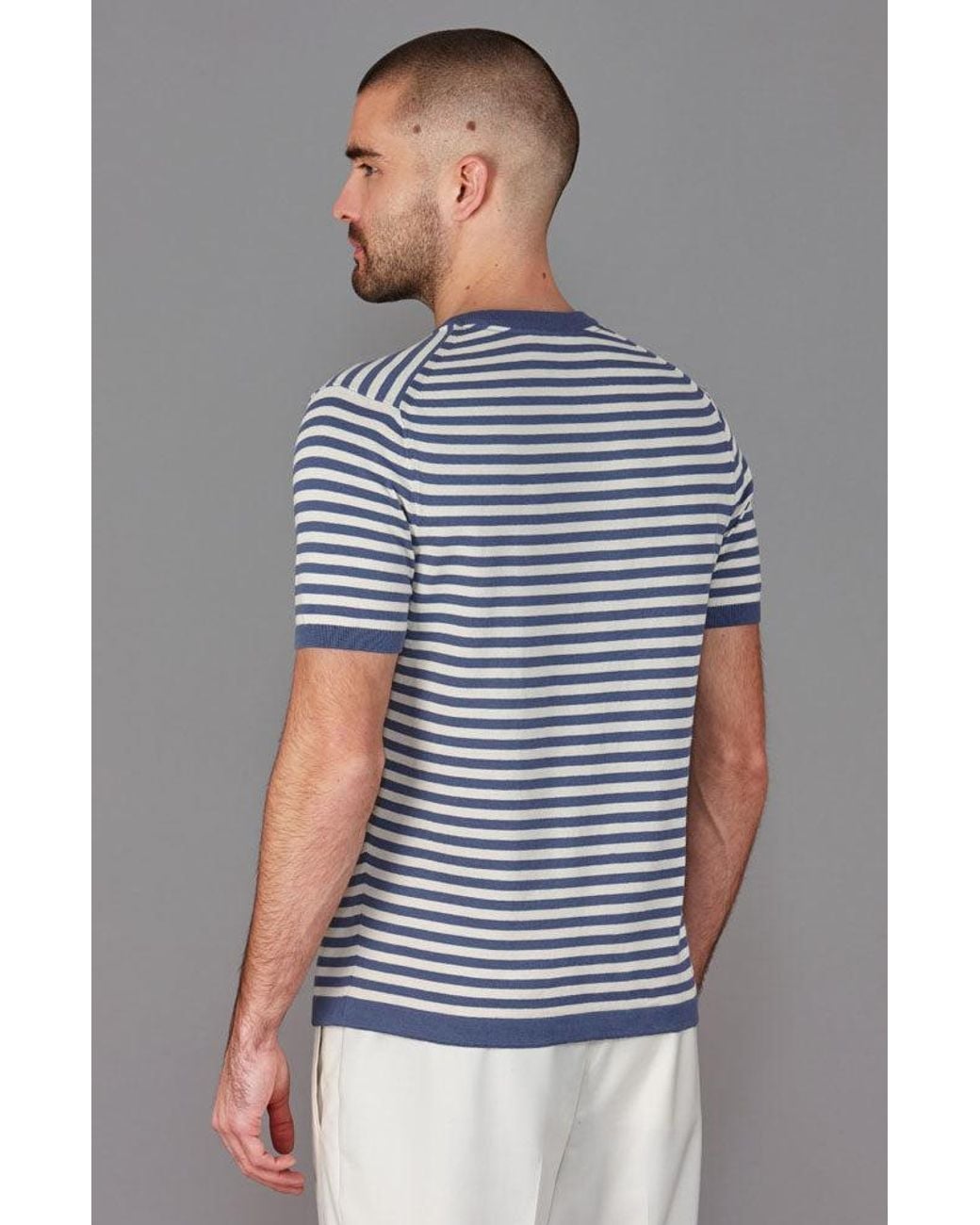 Paul James Knitwear Blue Mens Ultra-fine Cotton Miguel Knitted Breton T-shirt for men