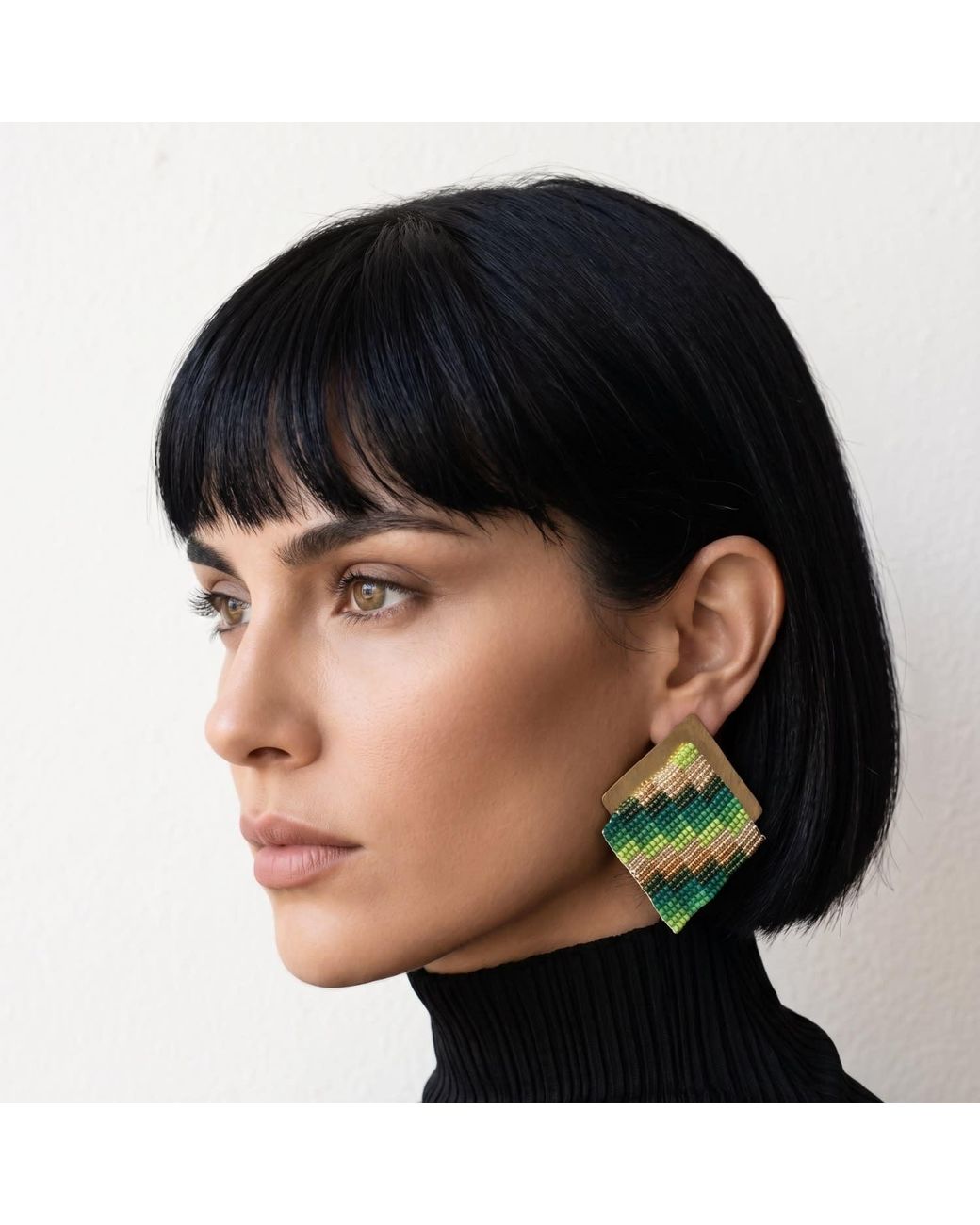 Iliana Arrazola Green Minimalist Deconstructed Knot, Hoop Earrings, Glass Beads, Beaded Jewelry