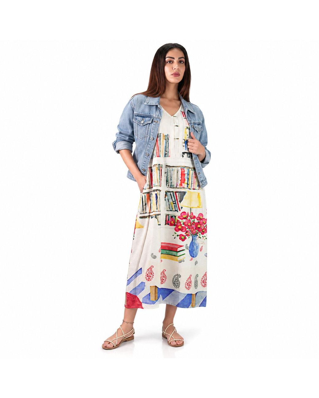 DHARA SHETH DUBAI White Abode Artistic Bookshelf Printed Kaftan Maxi Dress