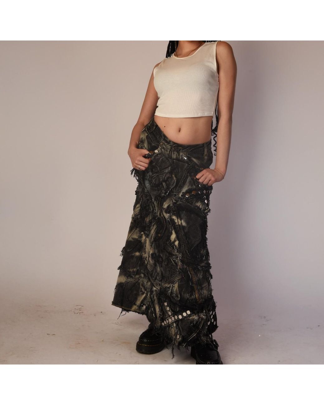 Zasta Studio Gray Shred Couture Studded Denim Skirt H