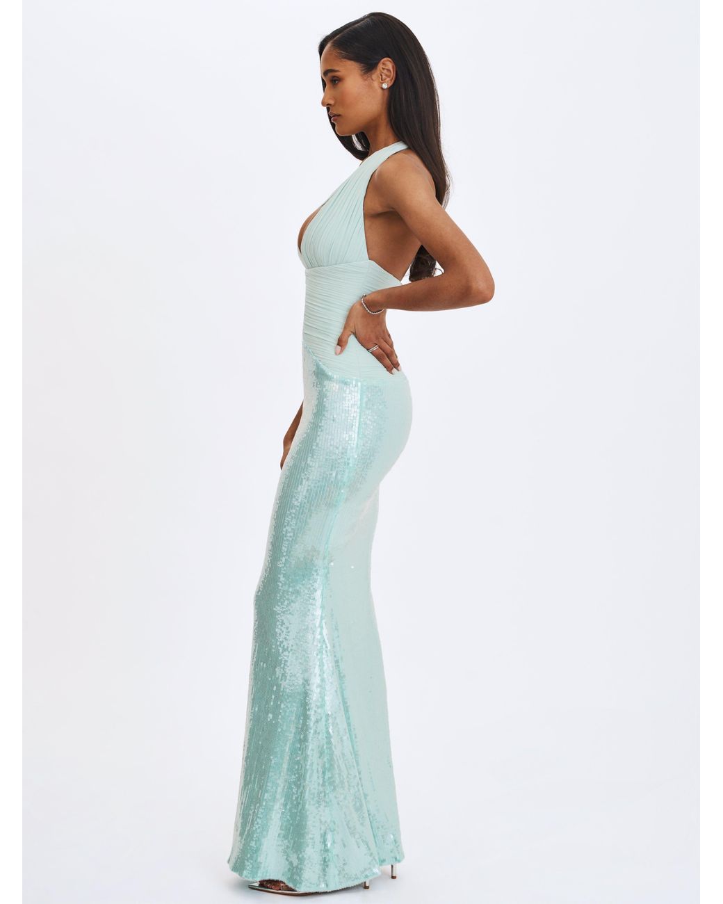 Miss Circle New York Green Wendale Mint Sequin Plunging Mermaid Maxi Dress