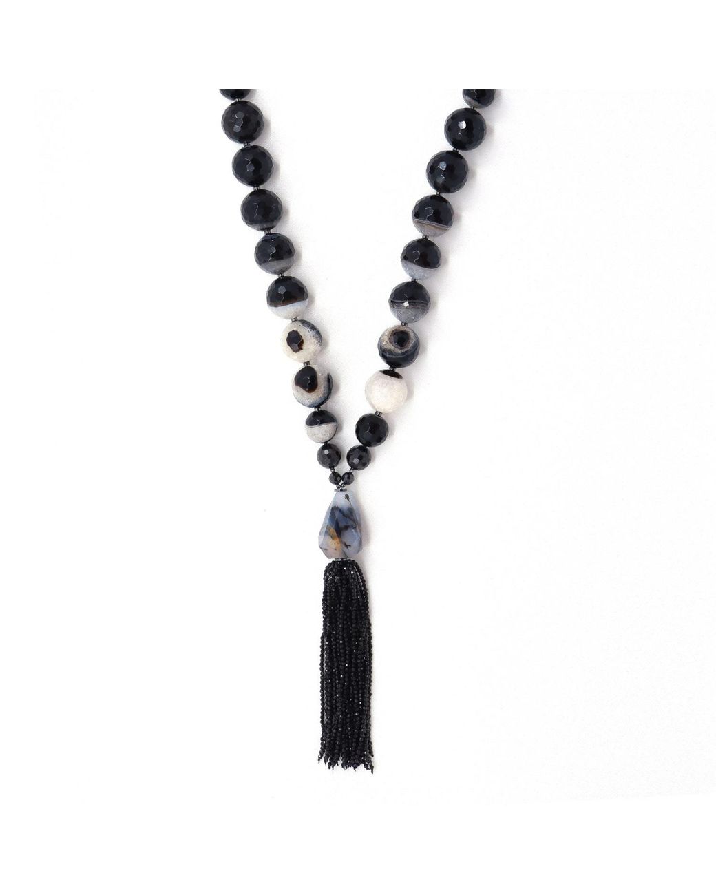 Shar Oke Metallic Clear Quartz & Agate, Cubic Zirconia & Spinel Tassel Beaded Necklace