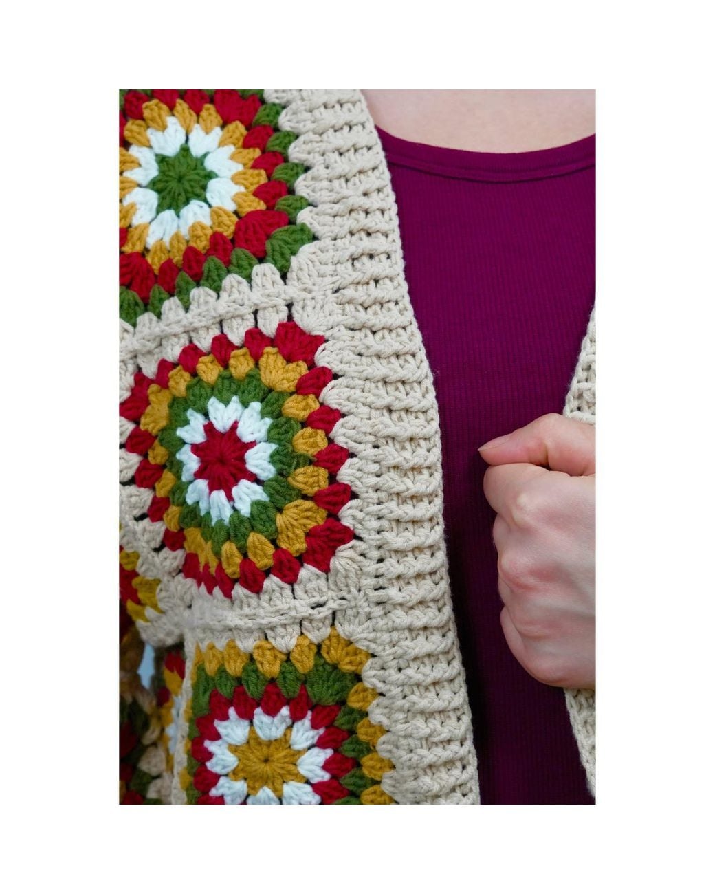 Ana Chic Orange Cream Boho Granny Square Handmade Crochet Cardigan