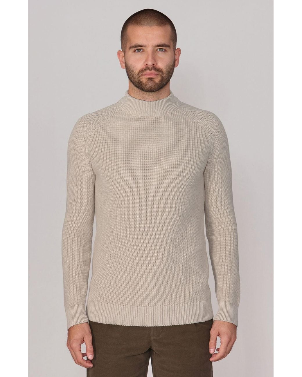 Paul James Knitwear Gray Midweight Cotton Byrne Ribbed Mock Turtle Neck Jumper for men