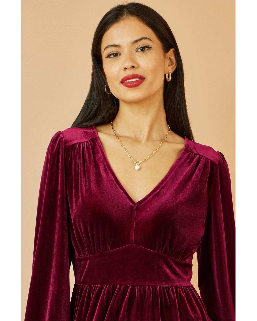 Yumi' Red Burgundy Velvet Long Sleeve Skater Dress