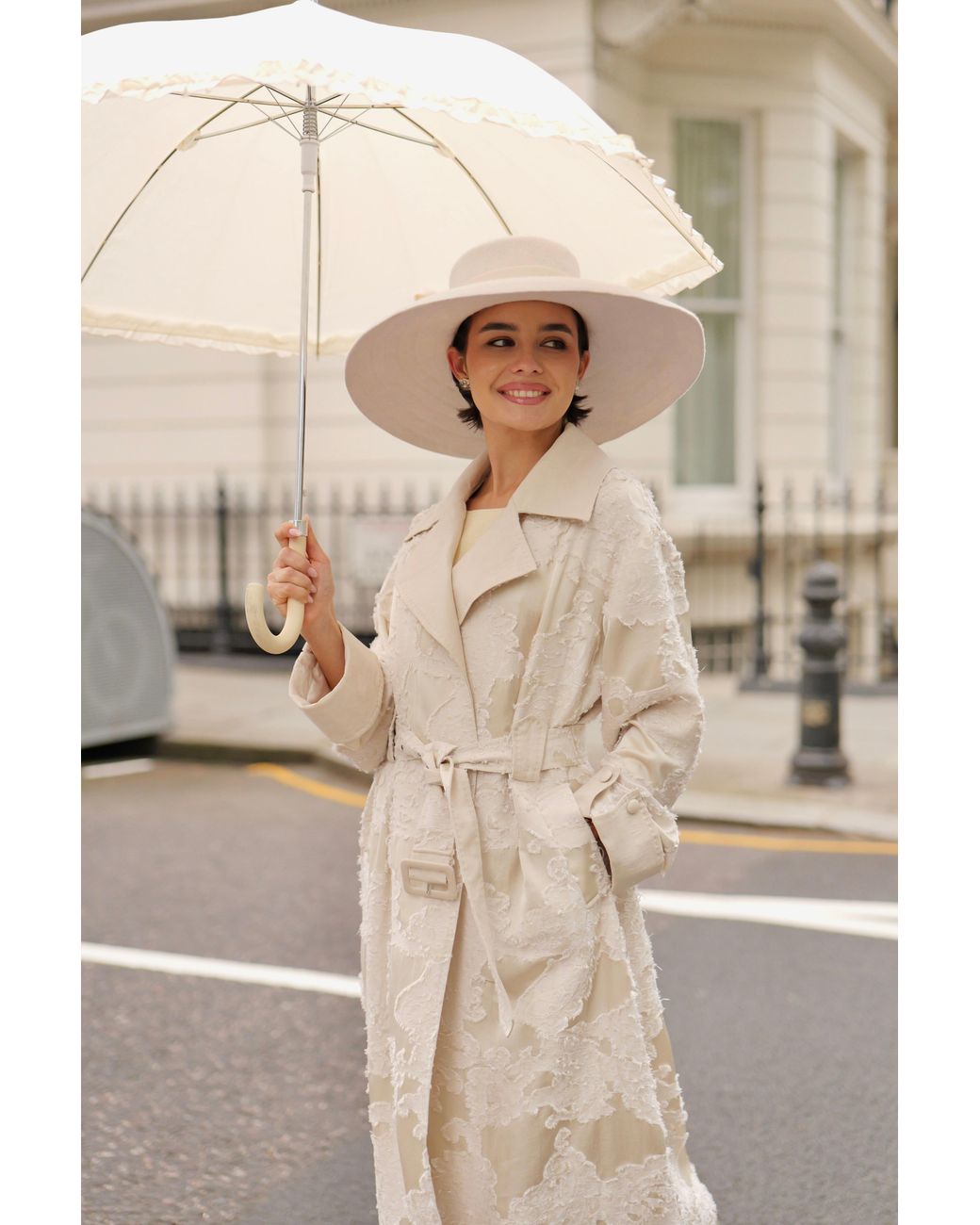 Santinni Natural Neutrals Charmed Satin Jacquard Trench Coat