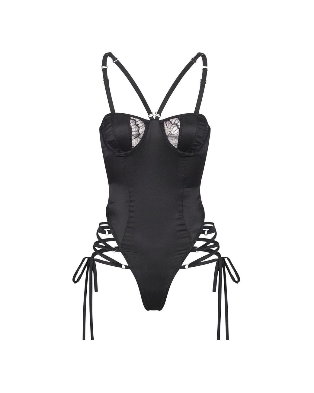 Lunatic Femme Black Champagne Room Lace-Up Silk Bodysuit