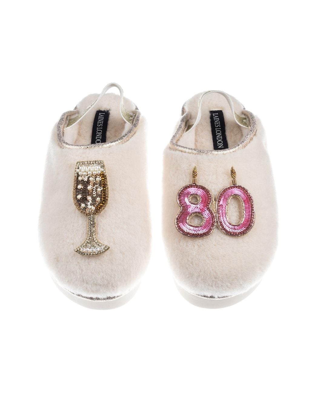 Laines London Multicolor Neutrals Flatform Cloud Closed Toe Slippers With 80Th Birthday & Champagne Glass Brooches