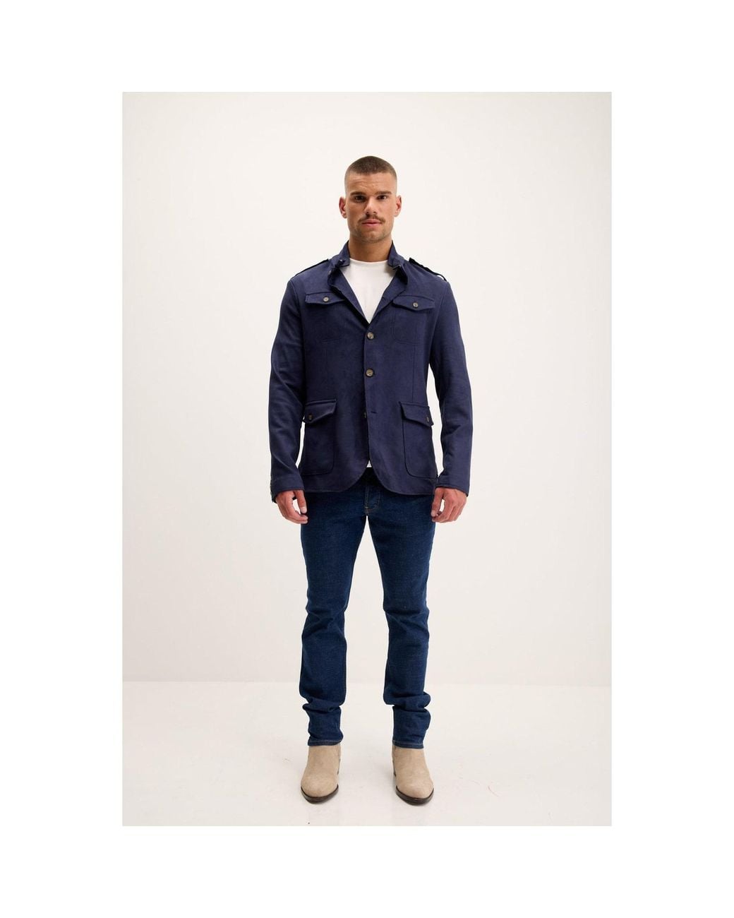 Ron Tomson Blue Microsuede Lightweight Safari Jacket for men