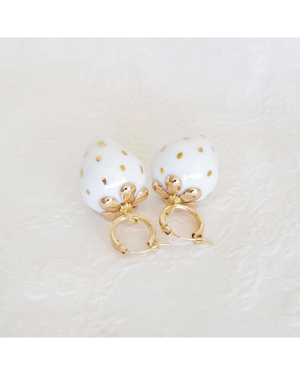 POPORCELAIN Metallic Golden White Porcelain Strawberry Earrings