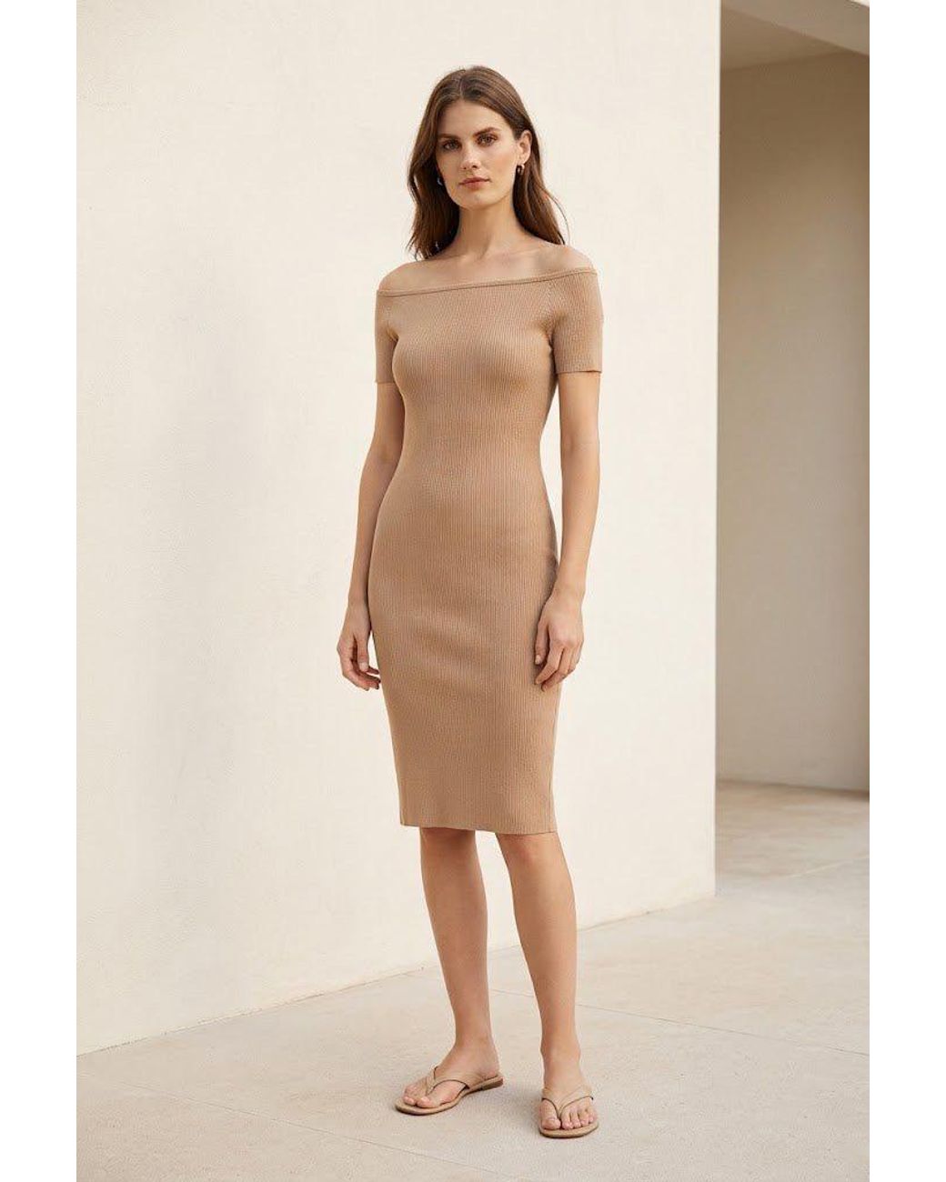 Conquista Natural Bardot Ribbed Bodycon Dress