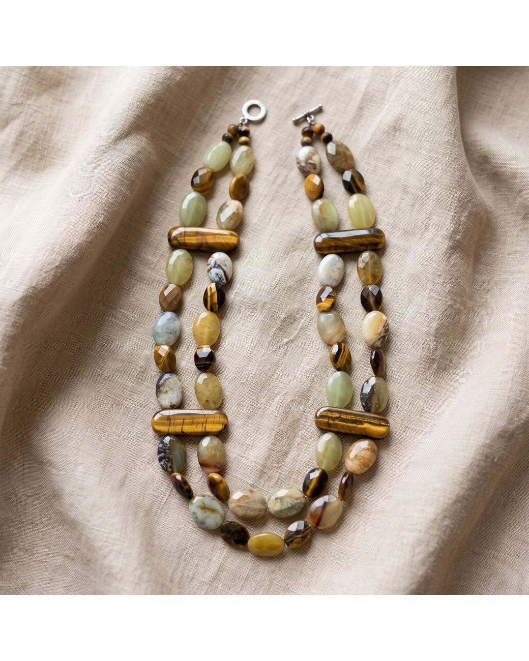 Saéa Metallic Vintage Tiger's Eye Prehnite And Jade Two-Strand Necklace