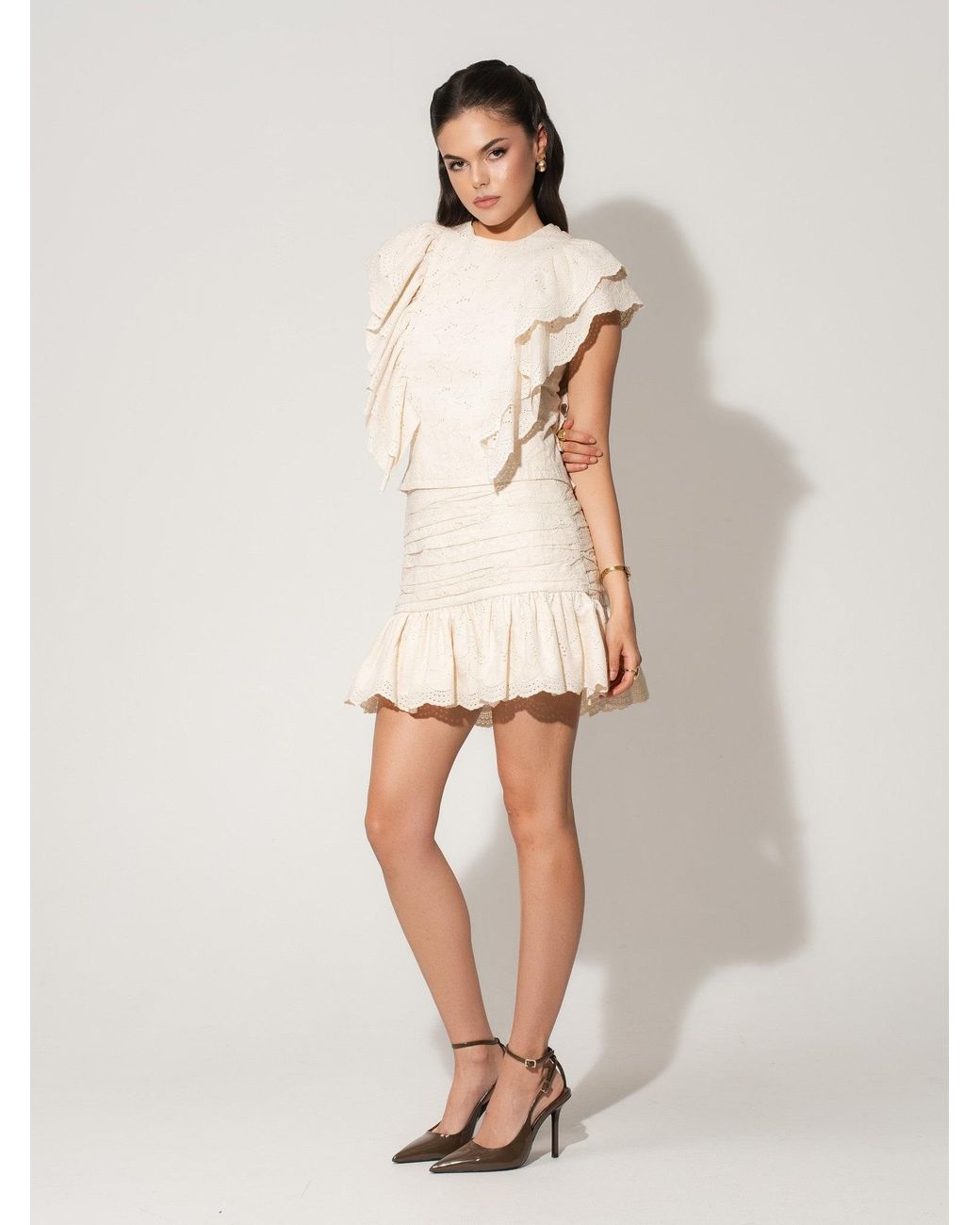 Tia Dorraine Natural Neutrals Ruffled Open Back Top & Ruched Mini Skirt Set