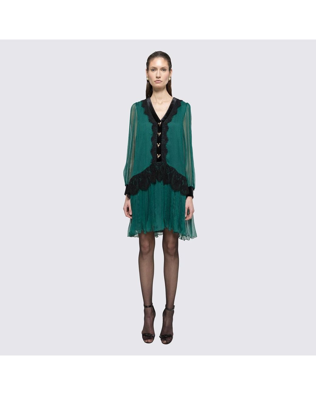 Nissa Green Lace Insert Silk Midi Dress