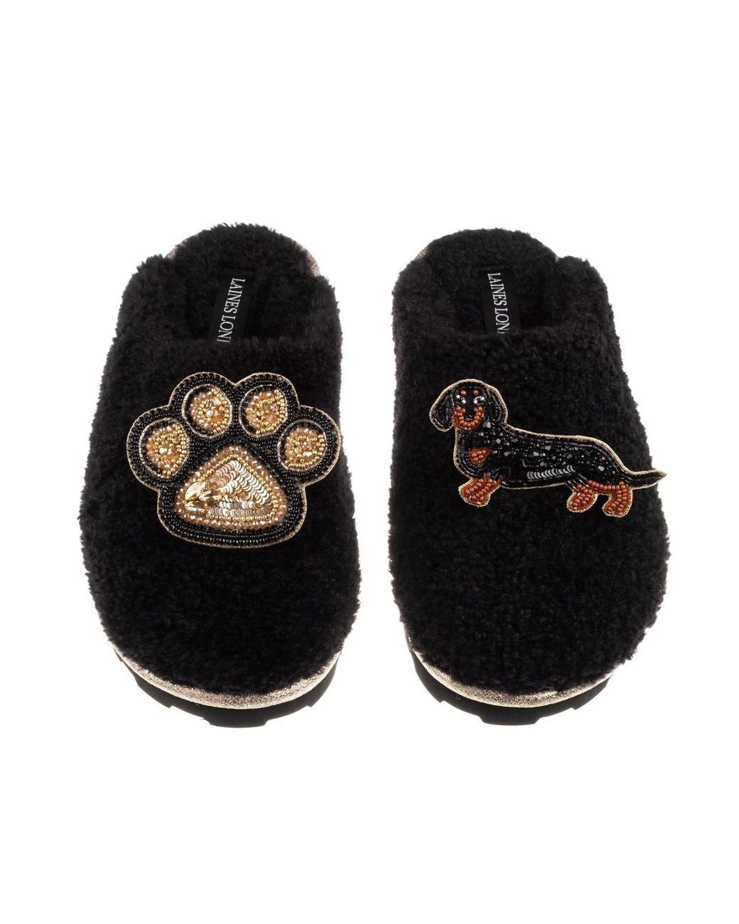 Laines London Black Teddy Closed Toe Slippers With Paw & & Tan Dachshund Brooches