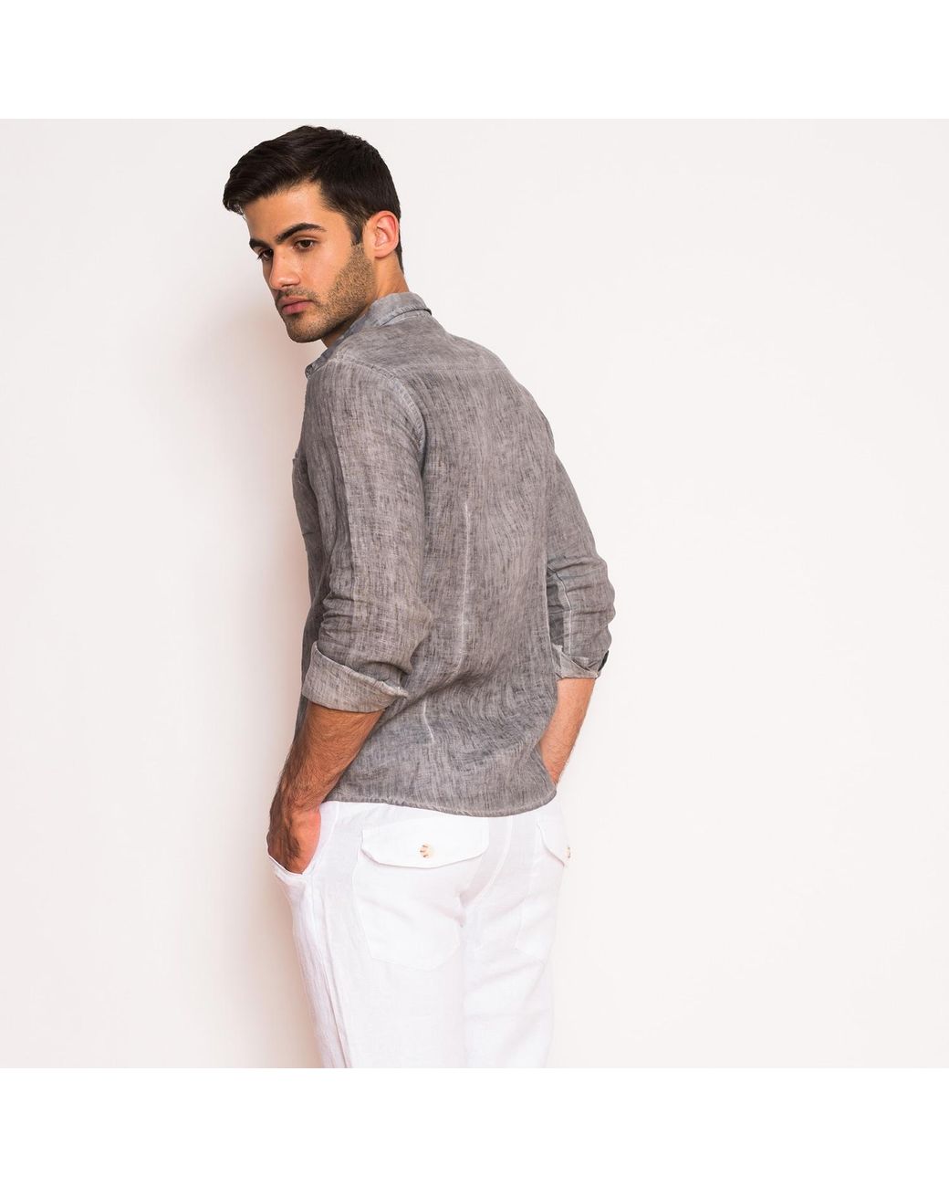 Haris Cotton Blue Long Sleeved Front Pocket Linen Shirt Sapphire for men