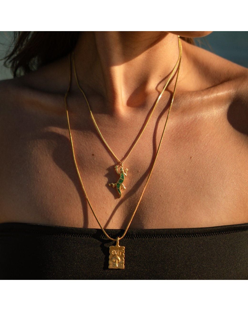 Ebru Jewelry Metallic Lucky Gecko Malachite Inlay Pendant Necklace