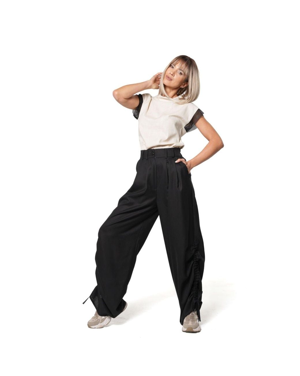 Metamorph Black High-Waisted Wool Trousers With Ruched Side Details