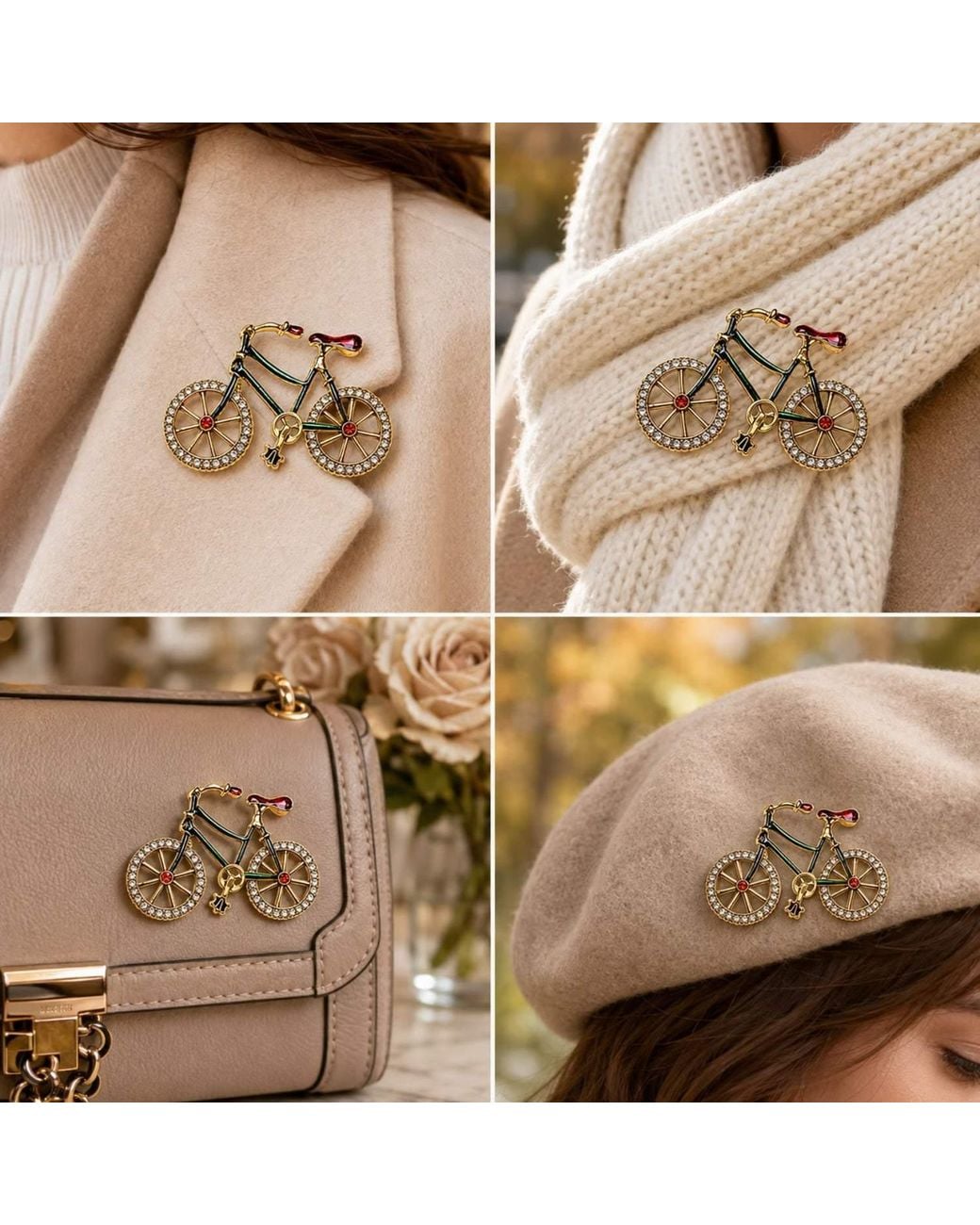By Ozge Metallic Joyride Colourful Enamel And Zirconia Vintage Tone Bicycle Brooch